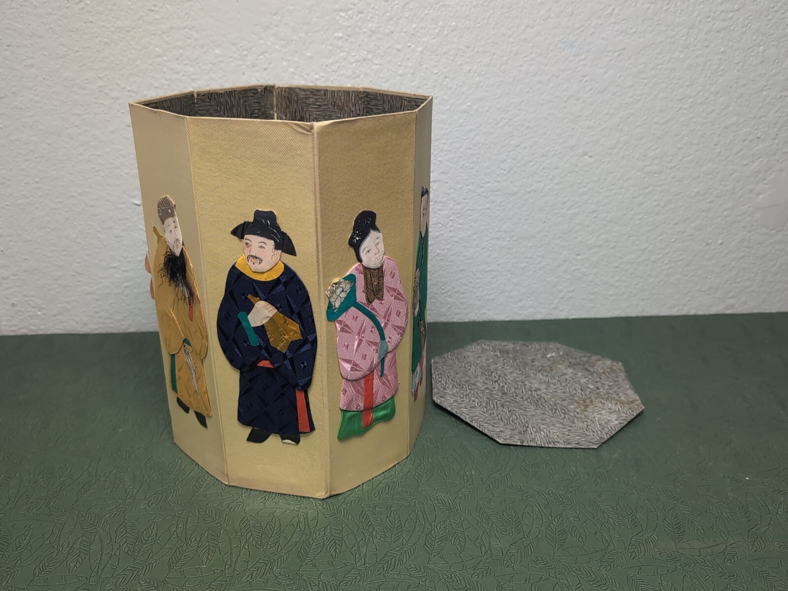 1940's-50's Silk & Paper Asian Chinese Folding Waste Paper Basket Damages