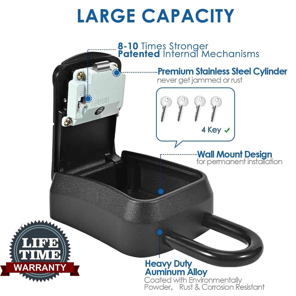 Key Lock Box, Wall Mount 4 Digits Combination Lockbox, Waterproof Black