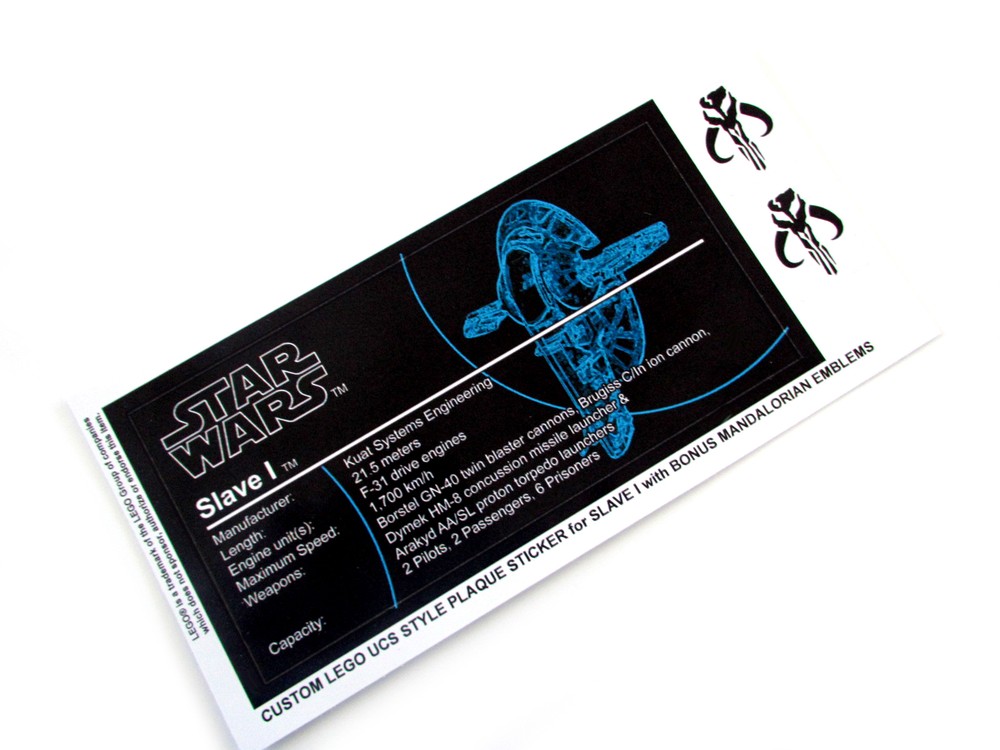 CUSTOM PLAQUE STICKERS for STAR WARS SLAVE 1 , Set 6209 8097 75060 ,DISPLAYS,ETC