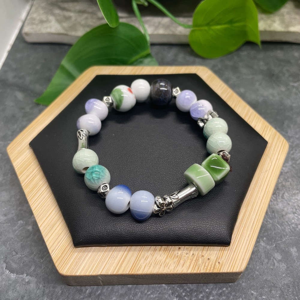 Handmade Ceramic Bead Beaded Stackable 5.5” Plus Stretch Bracelet New B476