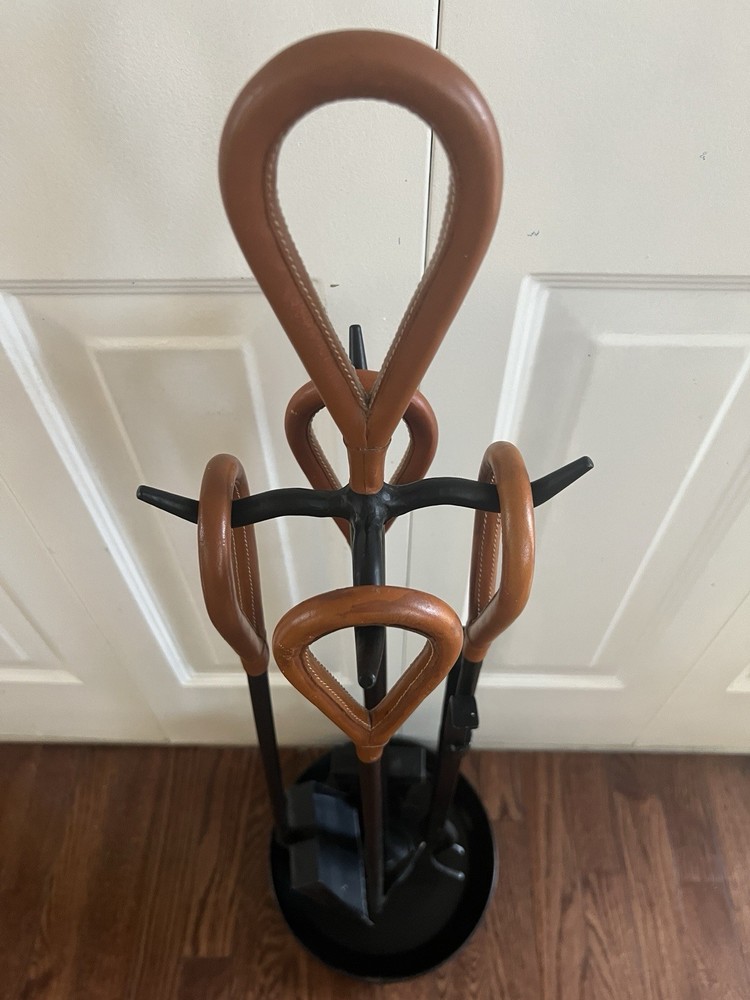 Jacques Adnet Style Leather and Iron Fireplace Set