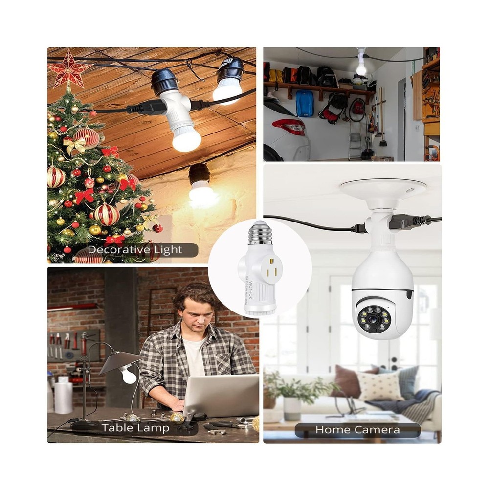 2 Pack E26 Light Socket to Plug Adapter with Bulb Socket White