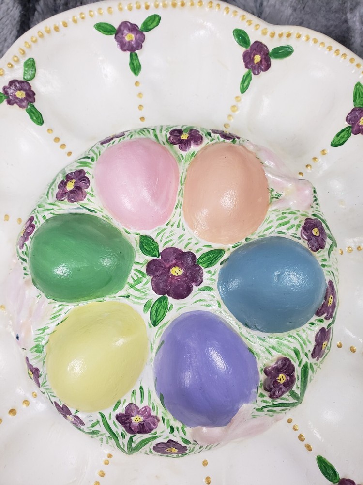 Vintage Deviled Egg Spring Easter Bunnies Flowers Plate Platter Ceramic