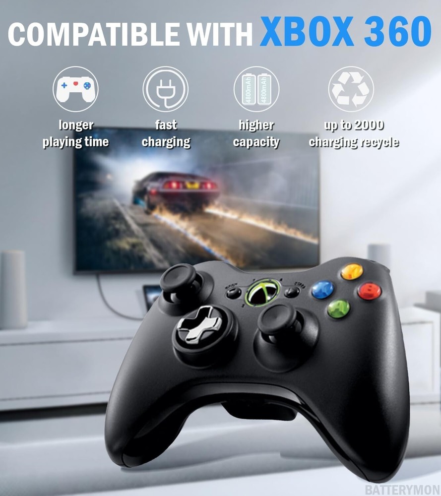 2 Battery Pack & Charger Dock For Microsoft Xbox 360 Wireless Controller Black