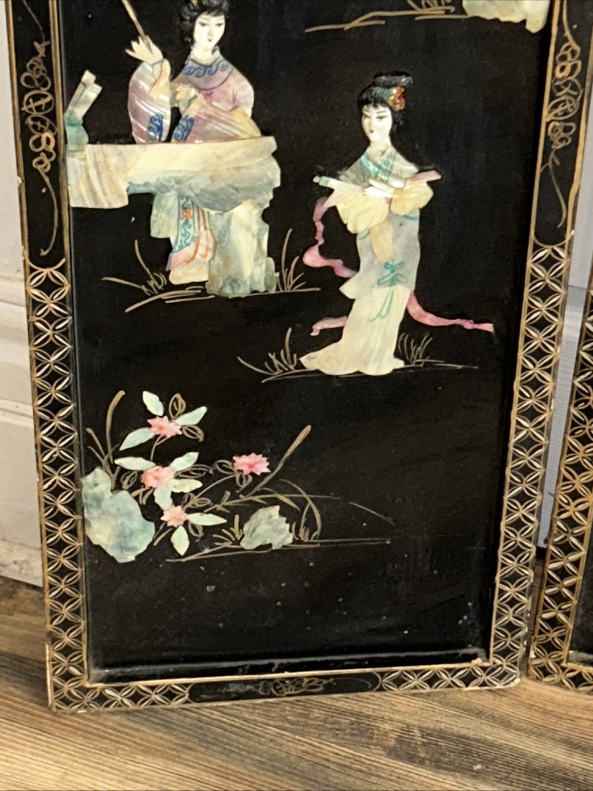 3 Vintage Laquered Asian With Mother of Pearl Panels 12”x 36” 2 Sets Available