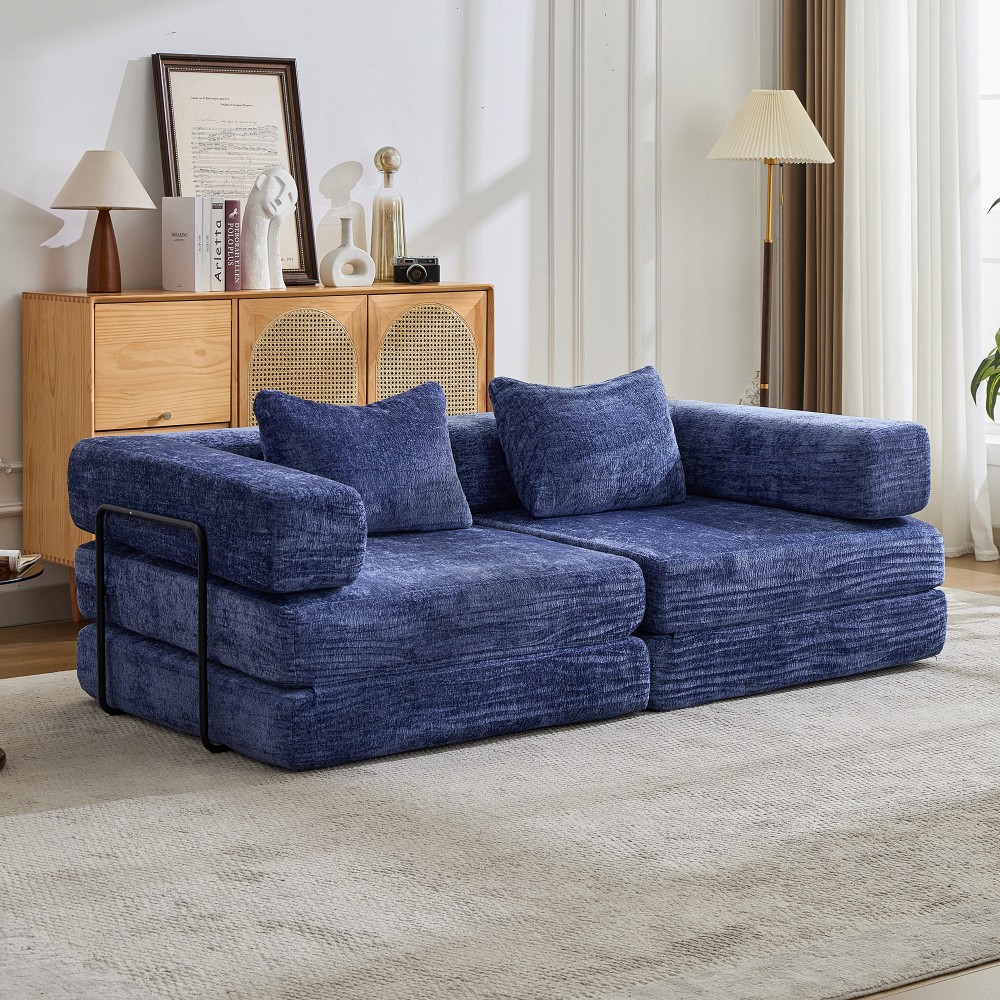 Foldable Sofa Bed with Memory Foam - Dark Blue Chenille Fabric