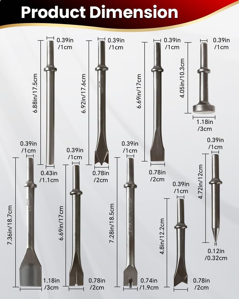 9 Pcs Air Hammer Bits Set, Pneumatic Hammer Chisel Bits, Air Chisel Bits with...
