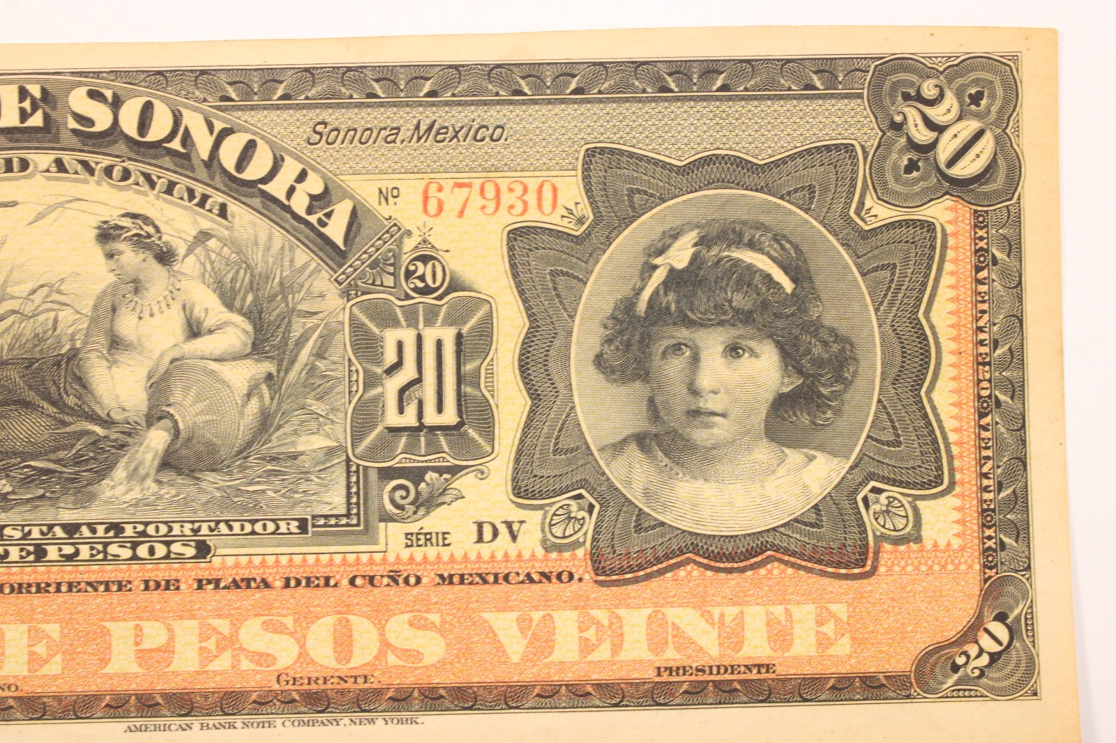 1899 - 1911 Mexico 20 pesos BANCO DE SONORA P-S421d XF # 0386