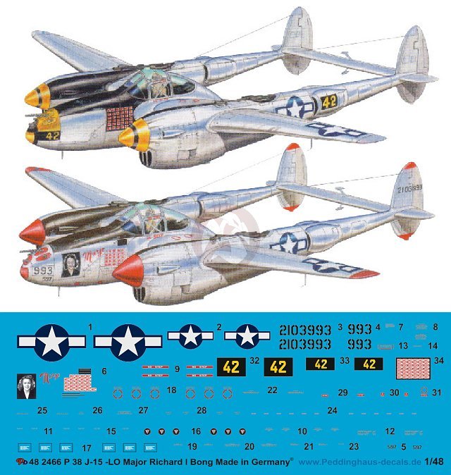 Peddinghaus 1/48 P-38J-15-LO Lightning Markings Richard Bong Pacific WWII 2466