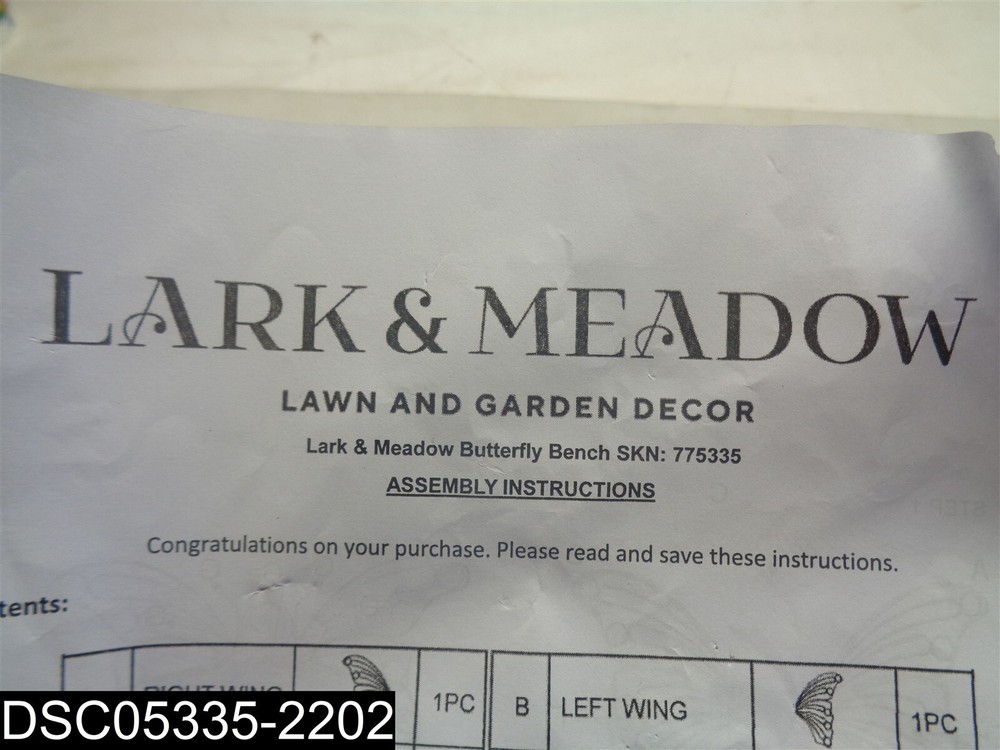 MISSING NUTS: 775335 Lark & Meadow Butterfly Bench