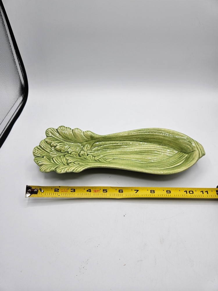 VTG. Hand Made Pottery Celery Dish Green