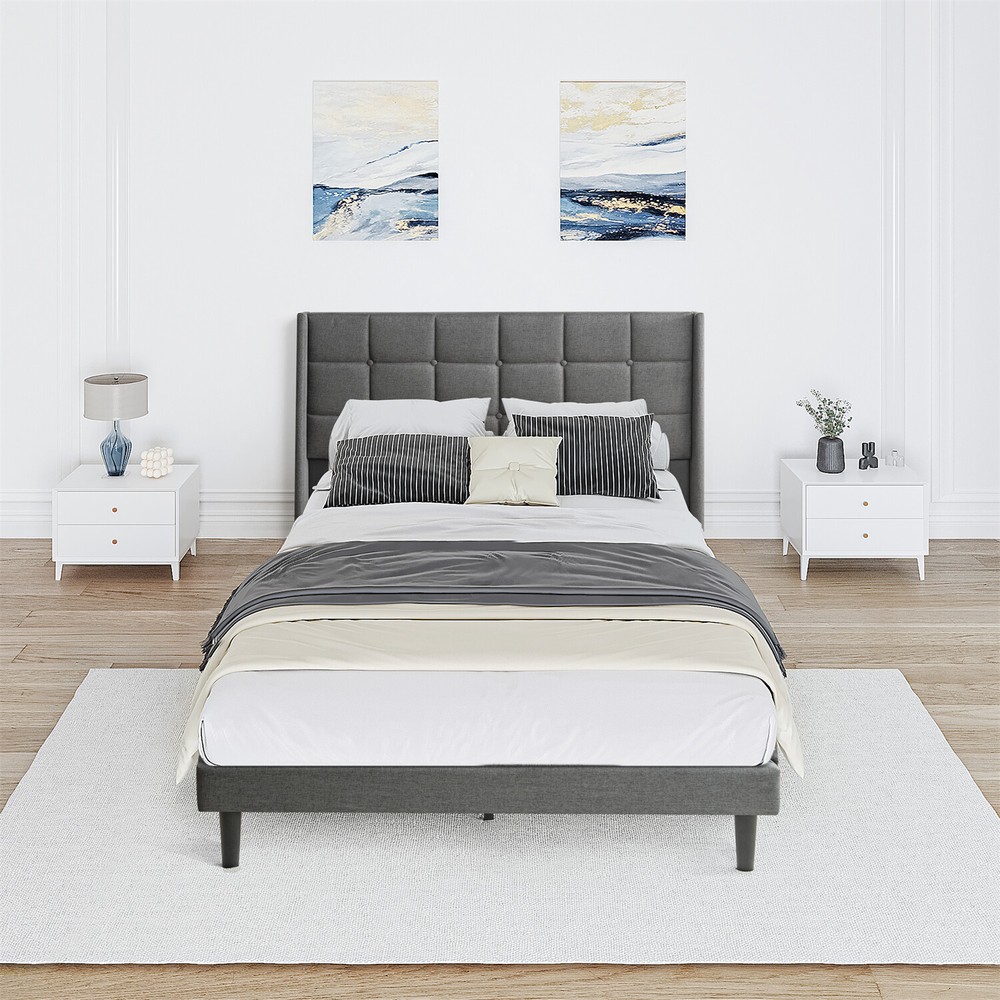 Queen Size Bed Frame Upholstered Platform Bed Frame w/ Headboard Drak Grey