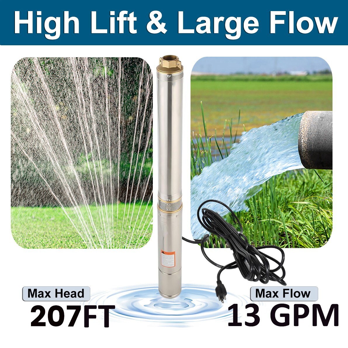 3/4 HP 3" Deep Well Submersible Pump, 220V, 13 GPM, 247 ft MAX,60Hz, 1.25 in NPT