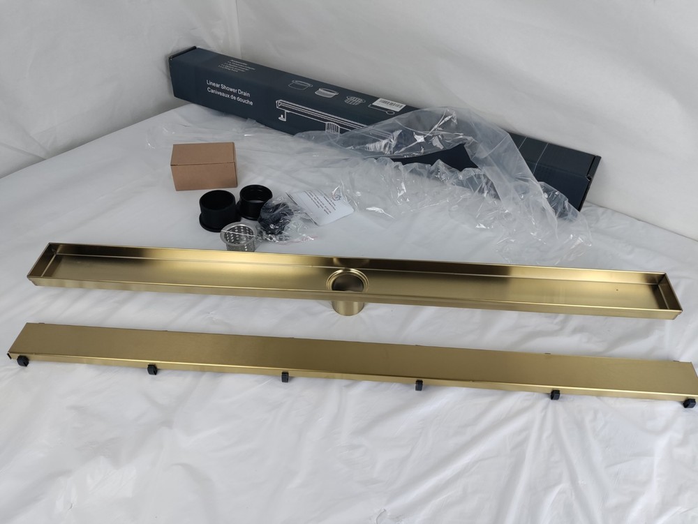 36" Brushed Gold Linear Shower Drain w/ Flat & Tile Insert
