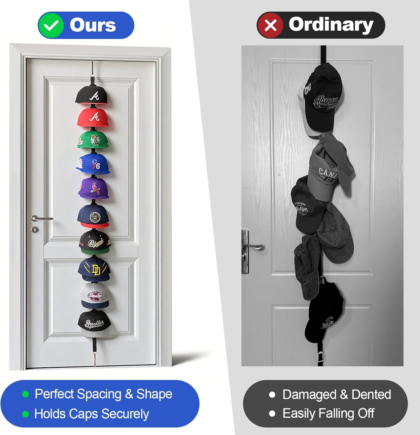 Hat Rack for Door - Two-Way Hanging Caps with Display Hooks and Hanger, Hat Orga