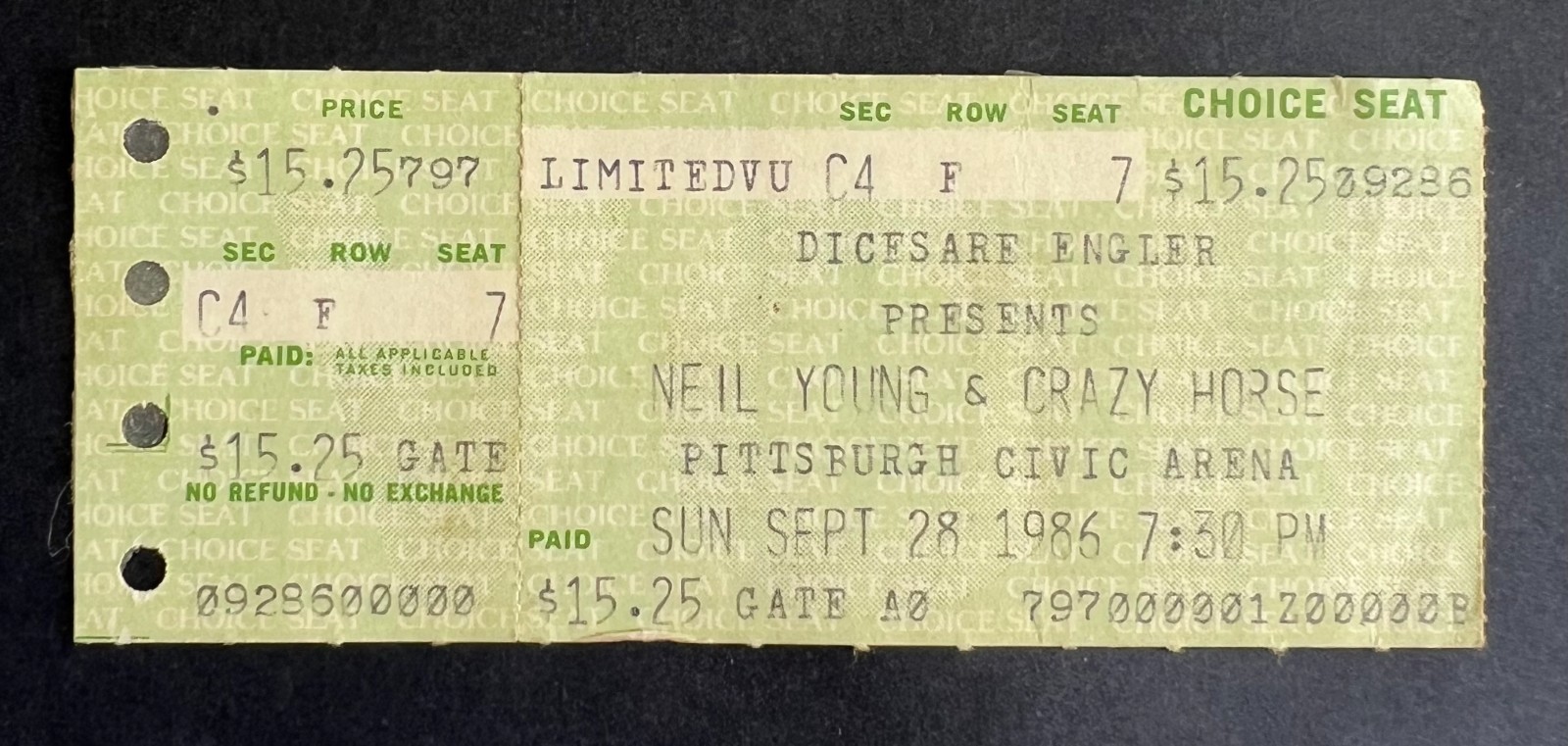 1986 Neil Young & Crazy Horse Concert Ticket Stub 9/28/86 - Pittsburgh Civic PA.