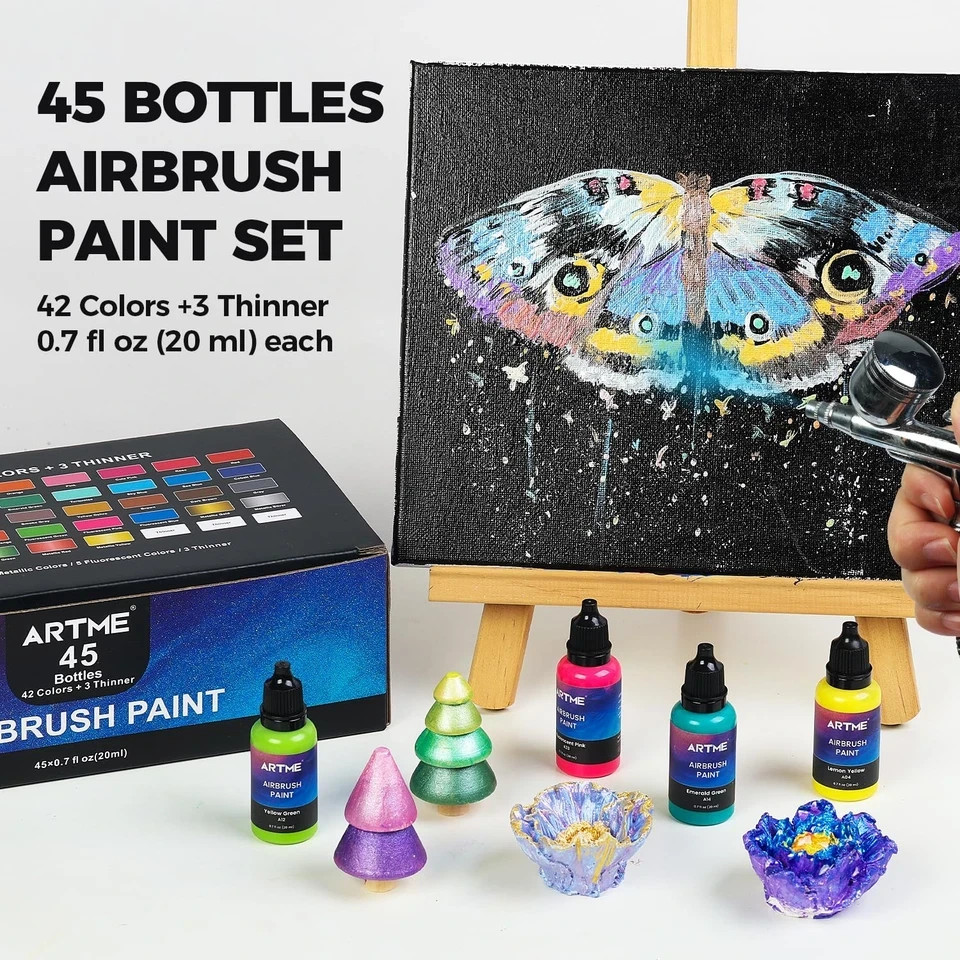 42 Color Acrylic Airbrush Paint Set with Thinners - Opaque, Metallic, Neon