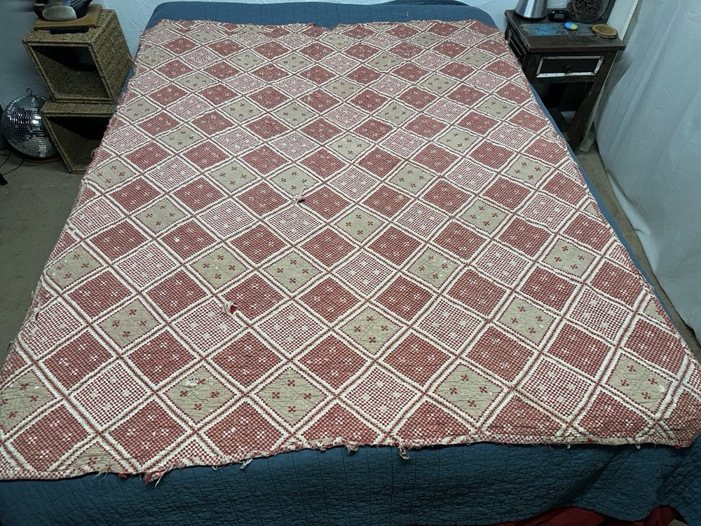 Vtg Nine Patch on Point Quilt Hand Sewn Red Feedsack Patchwork Distressed *Read