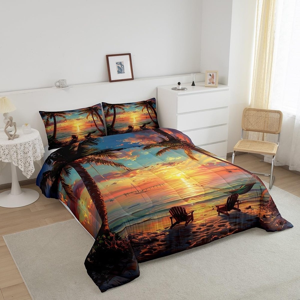 Tropical Sunset Palm Tree Bedding Comforter Sets Queen,Ocean Queen, Orange