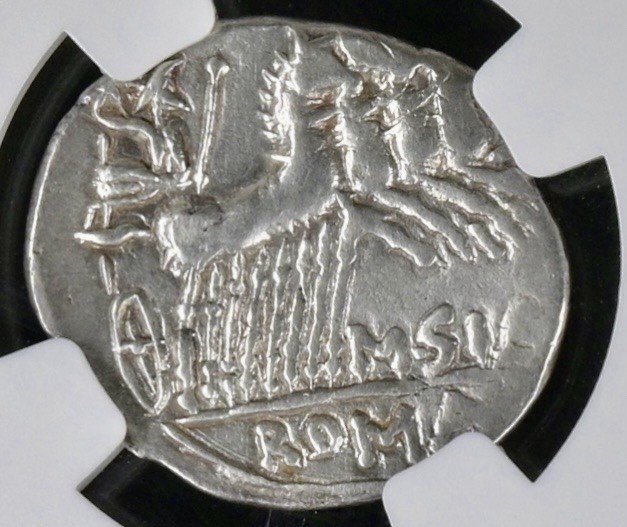 Silver Roman Republic Denarius 116BC-115BC NGC Graded VF Roma and Quadriga