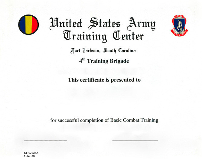 C-6 US Army 4th Basic Combat Training Certificate Ft. Jackson, SC form 1 Jul 68