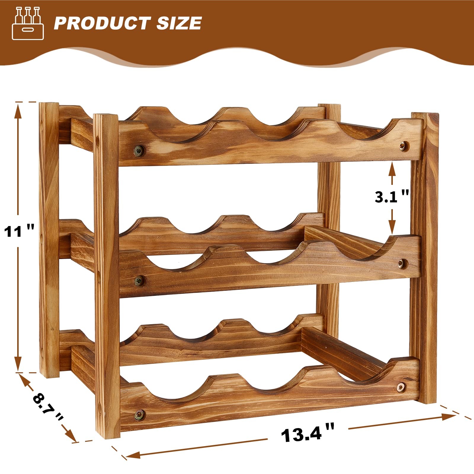 Wine Rack 9 Bottle 3-Tier Wood Wine Storage Easy-Assembly Space-Saving for Wine