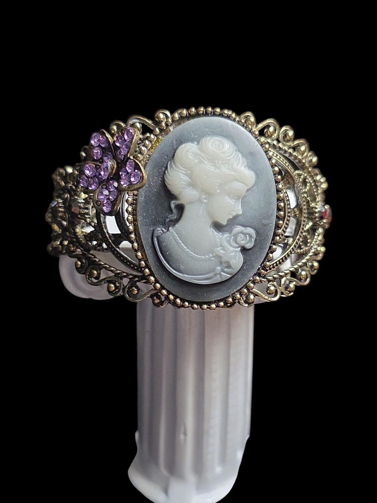 Vintage Victorian Rivival Cameo Rhinstone Large Cuff Bracelet