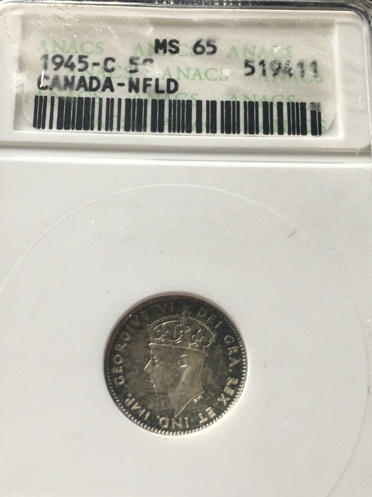 1945c ANACS Graded Newfoundland ¢5 Cent, **MS-65**