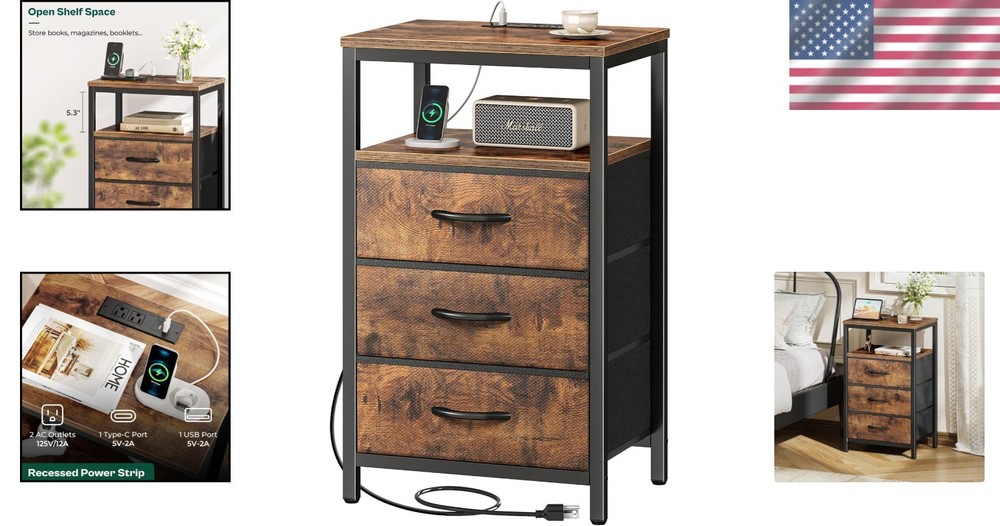 Stylish Bedside Table with Charging Outlet & Ample Storage - Rustic Brown Finish