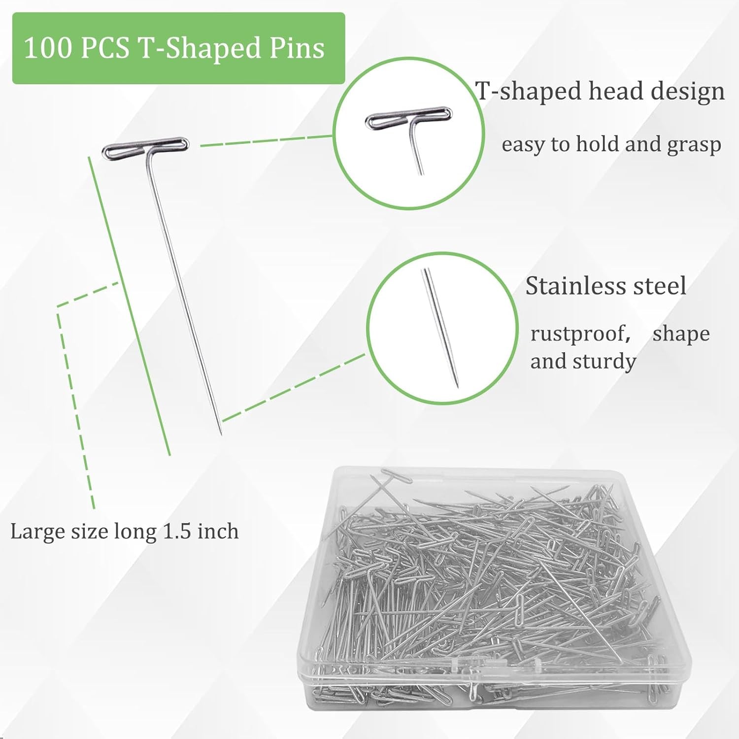 T Pins, 100Pack 1.5 inch Wig Pin, Stainless Steel T-pins for Blocking Knitting,