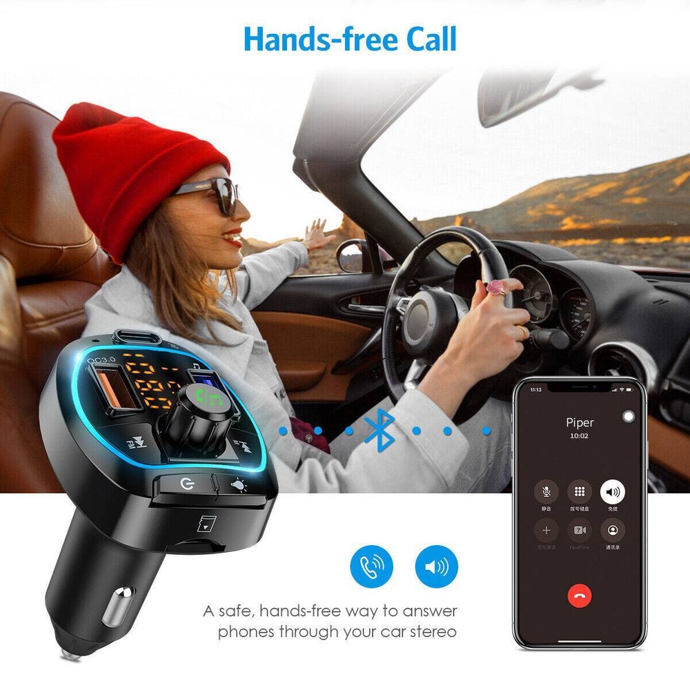 Bluetooth 5.0 Car Wireless FM Transmitter Adapter 3USB PD Charger AUX Hands-Free