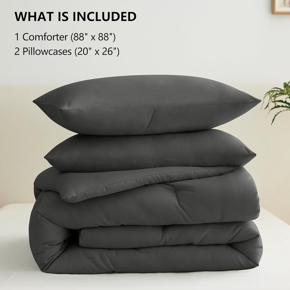 Queen Comforter Set Dark Grey 1 Comforter & 2 Pillowcases Quilted Microfiber