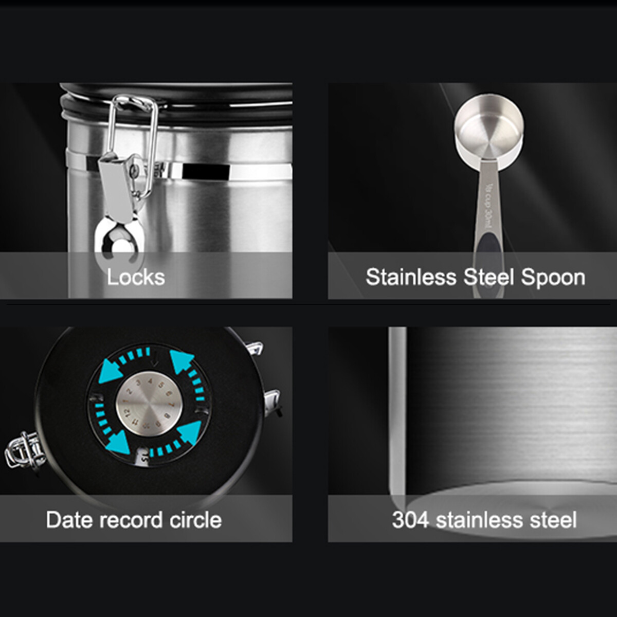 62oz Coffee Canister Stainless Steel Airtight Storage Container &Measuring Scoop