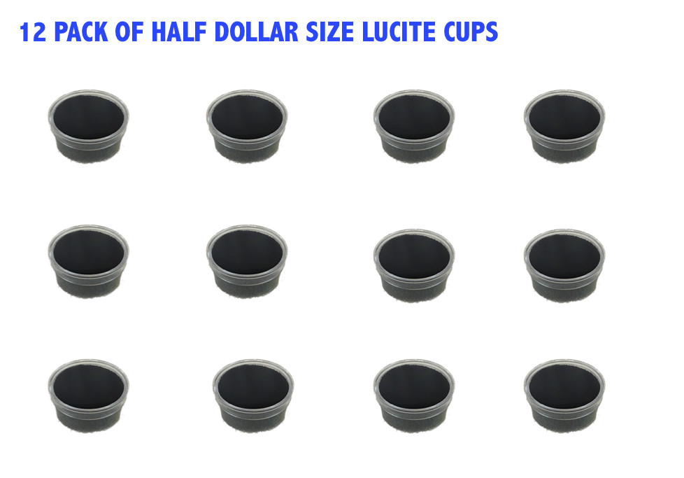 (12) Half Dollar Size Plastic Lucite Cups with Black Foam for Buttons, Coins