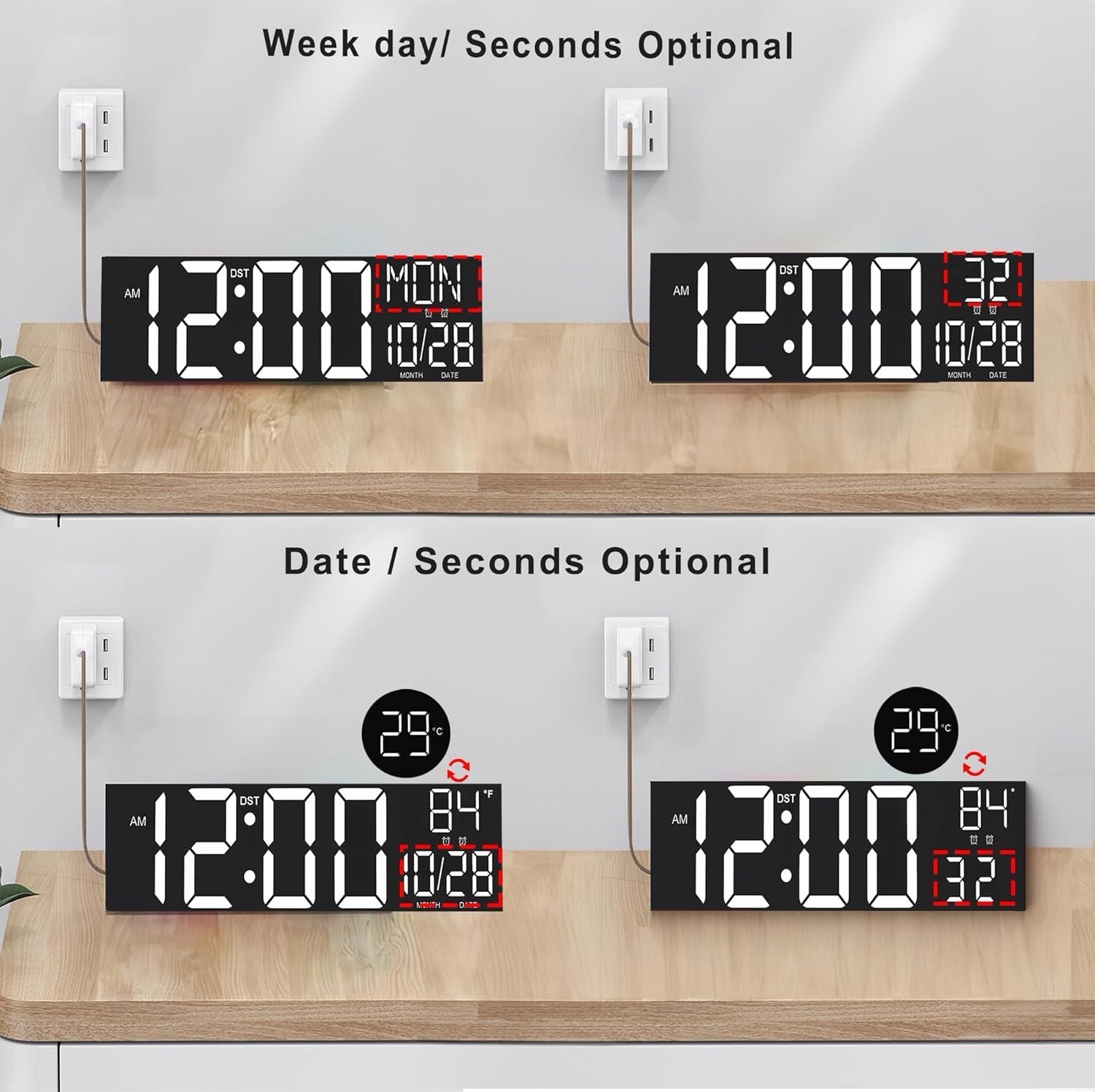 JALL 30" Large Digital Wall Mount Clock with Remote Control, White