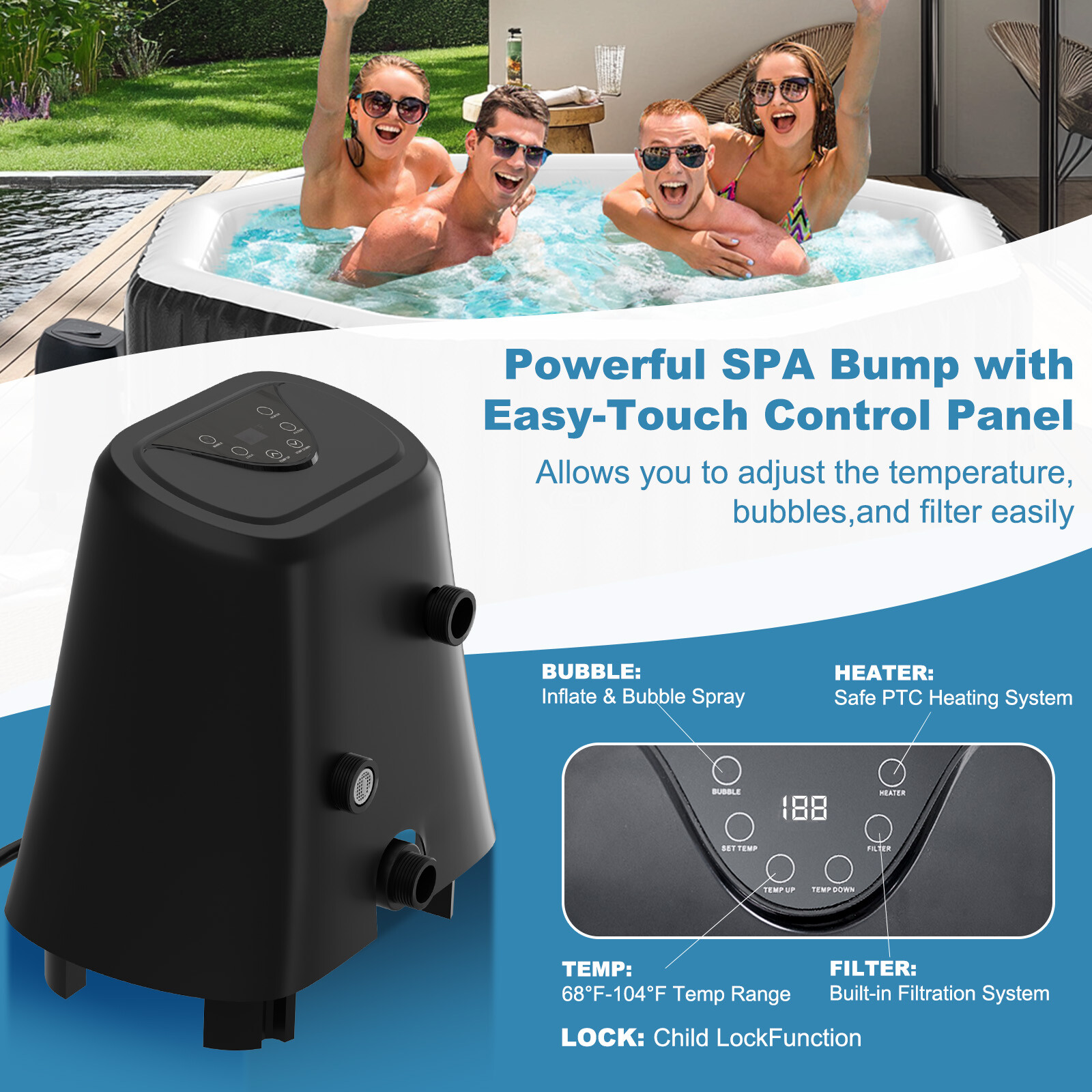 NAIZEA 6 Person Inflatable Hot Tub 75x75x25 Spa with 130 Soothing Jets and Cover