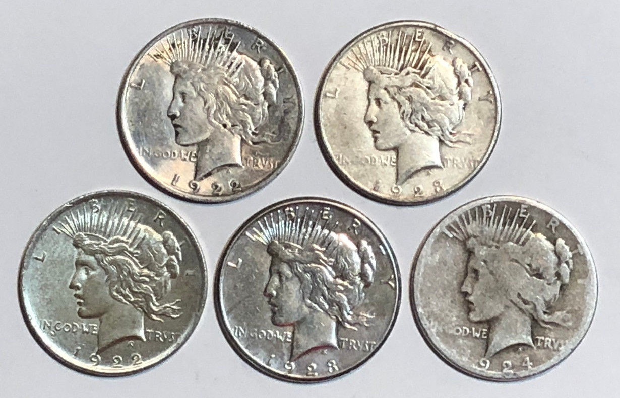 Lot of 5 Cull 1922-1935 US $1 Silver Peace Dollars, Mixed Dates & Mint Marks