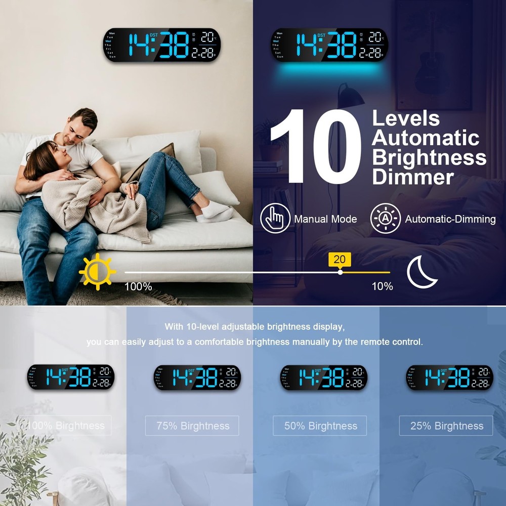 13.7" Digital Wall Clock Large Display with Remote Control, LED Large Digital...