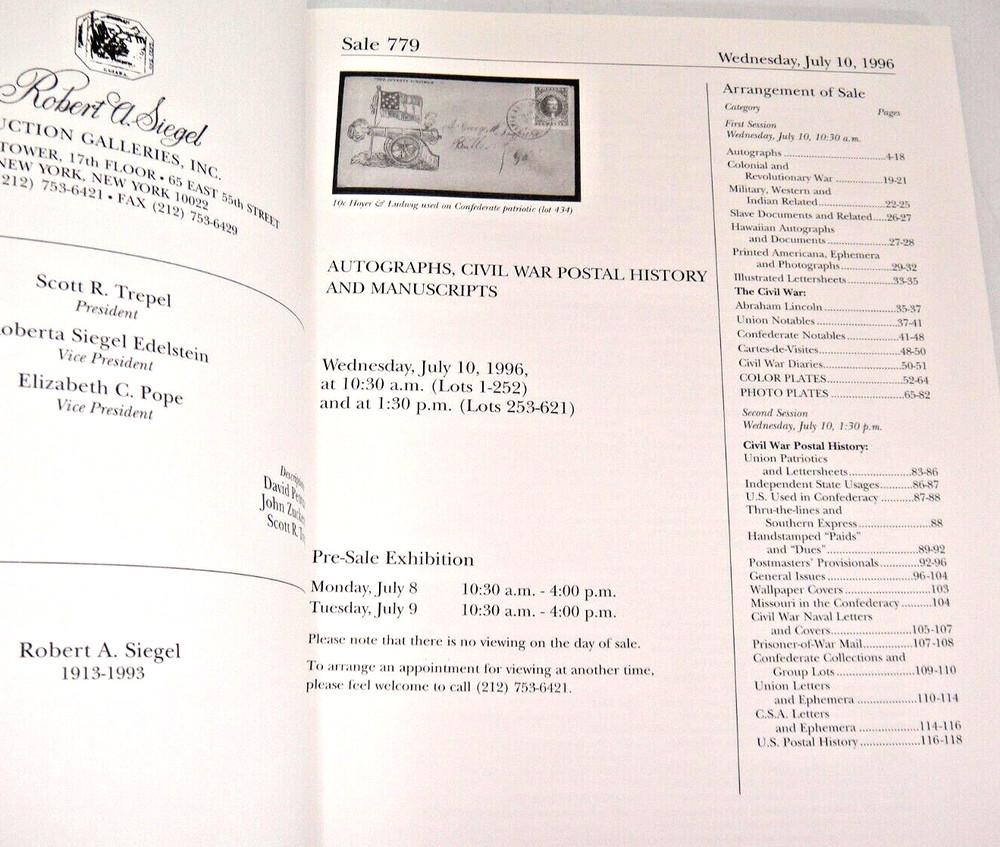 Siegel Stamp Auction Catalog Autographs Civil War Postal History Manuscripts 779