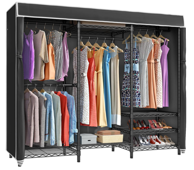 Perchero portátil de alta resistencia con funda negra, armario independiente aju