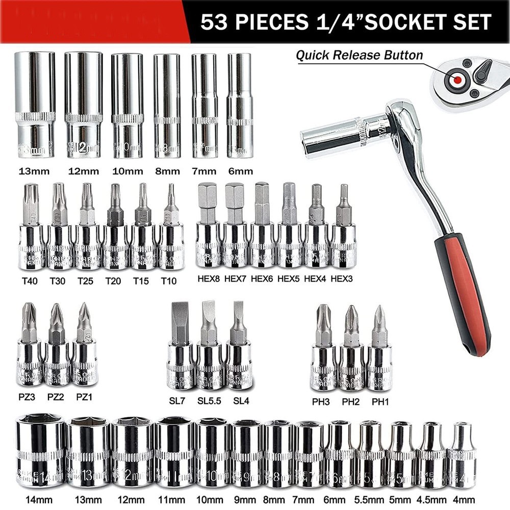 53Pcs Repair Tool Kit 1/4 inch Drive Socket Ratchet Wrench Set with Storage Case