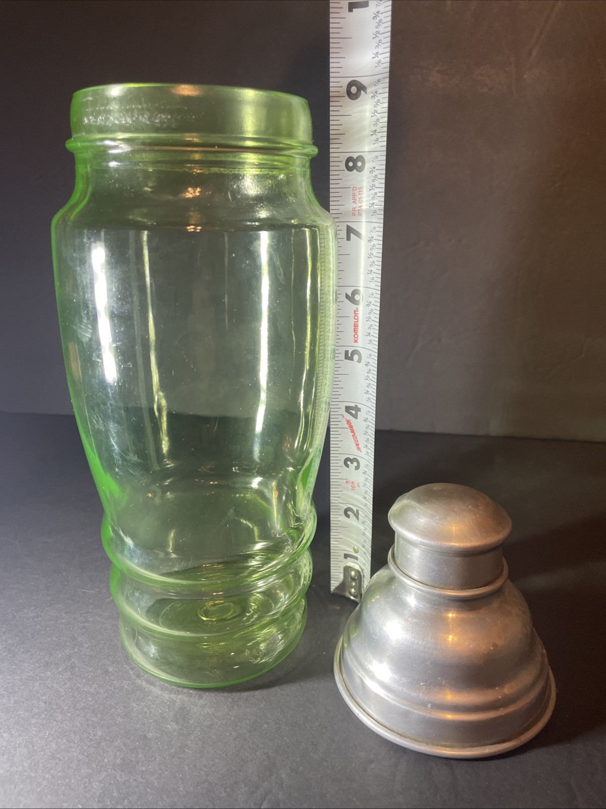 Vintage Green Uranium Glass Martini/Cocktail Shaker With Lids 11 Inches