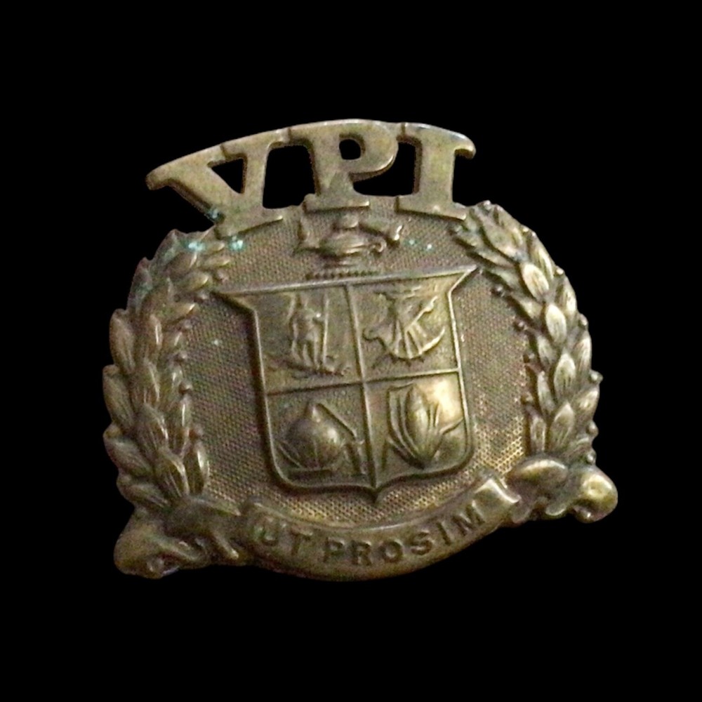 Virginia Tech VPI Corps Of Cadets Hat Badge Pin with Coat Of Arms, Motto Vintage