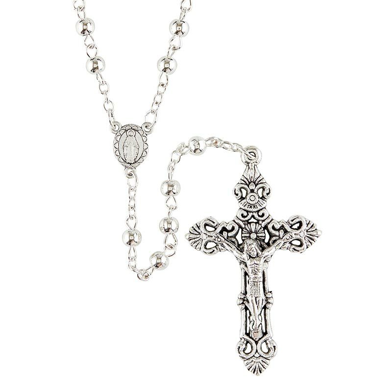 Polished Silver Round Bead Rosary With Gift Box 5mm Beads 19" Long(J5616)