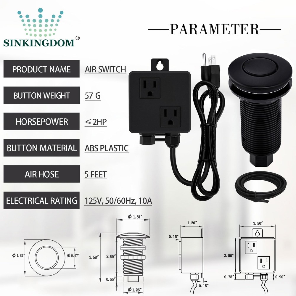 SINKINGDOM Garbage Disposal Air Switch Kit Sink Top with Long Button,Matte Bl...