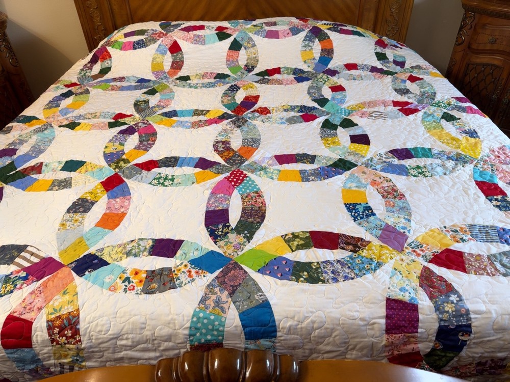 Double wedding Ring king machine pieced &quilted quilt#3-27A