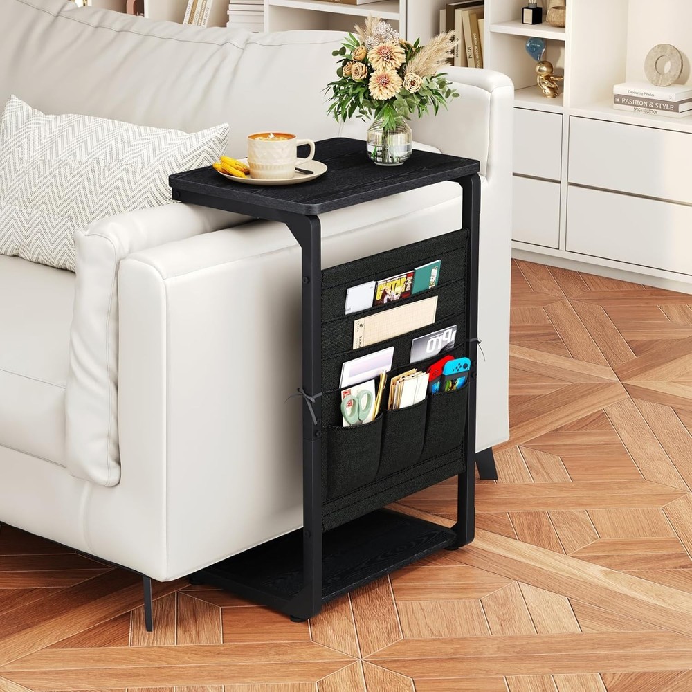 C-Shaped End Table W/ Storage Bag Small Couch Side Table Sofa TV Tray Table