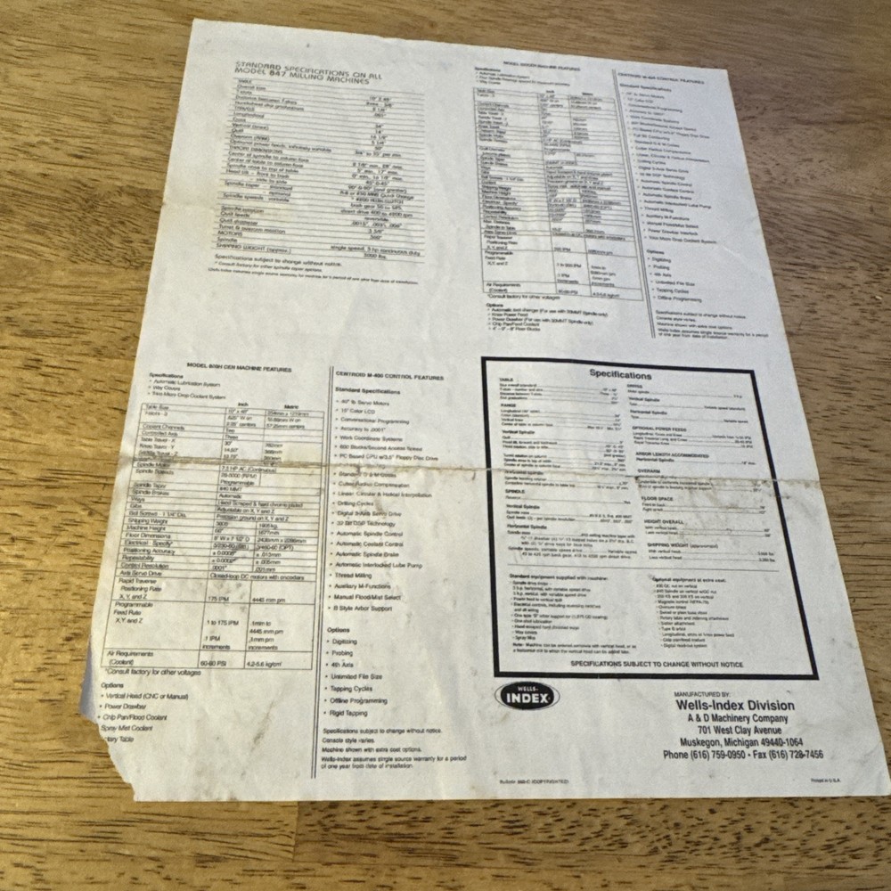 Wells Index Specification Sheet For Convert A Mill, Vector Drive CNC System