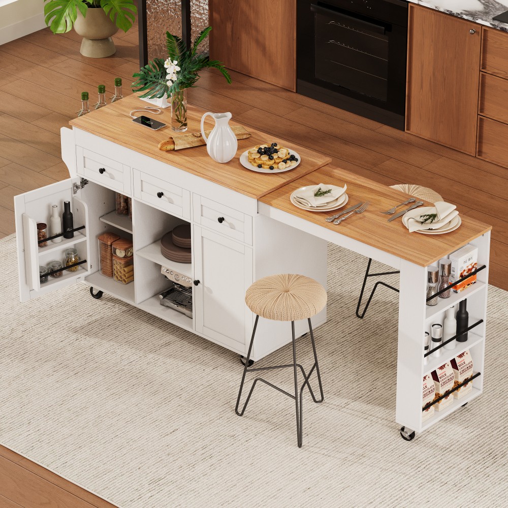 Kitchen counter Extendable dining table Open shelving unit W drawers With doors