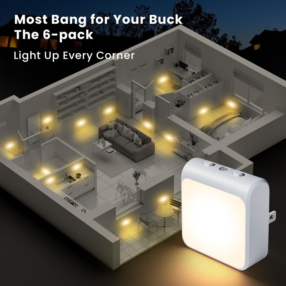 6-Pack Dimmable LED Night Lights Plug into Wall with Dusk to Dawn Sensor, 2 C...